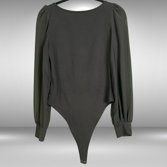 Black Sheer Balloon Sleeve Bodysuit with Sweetheart Neckline - Picture 2 of 3